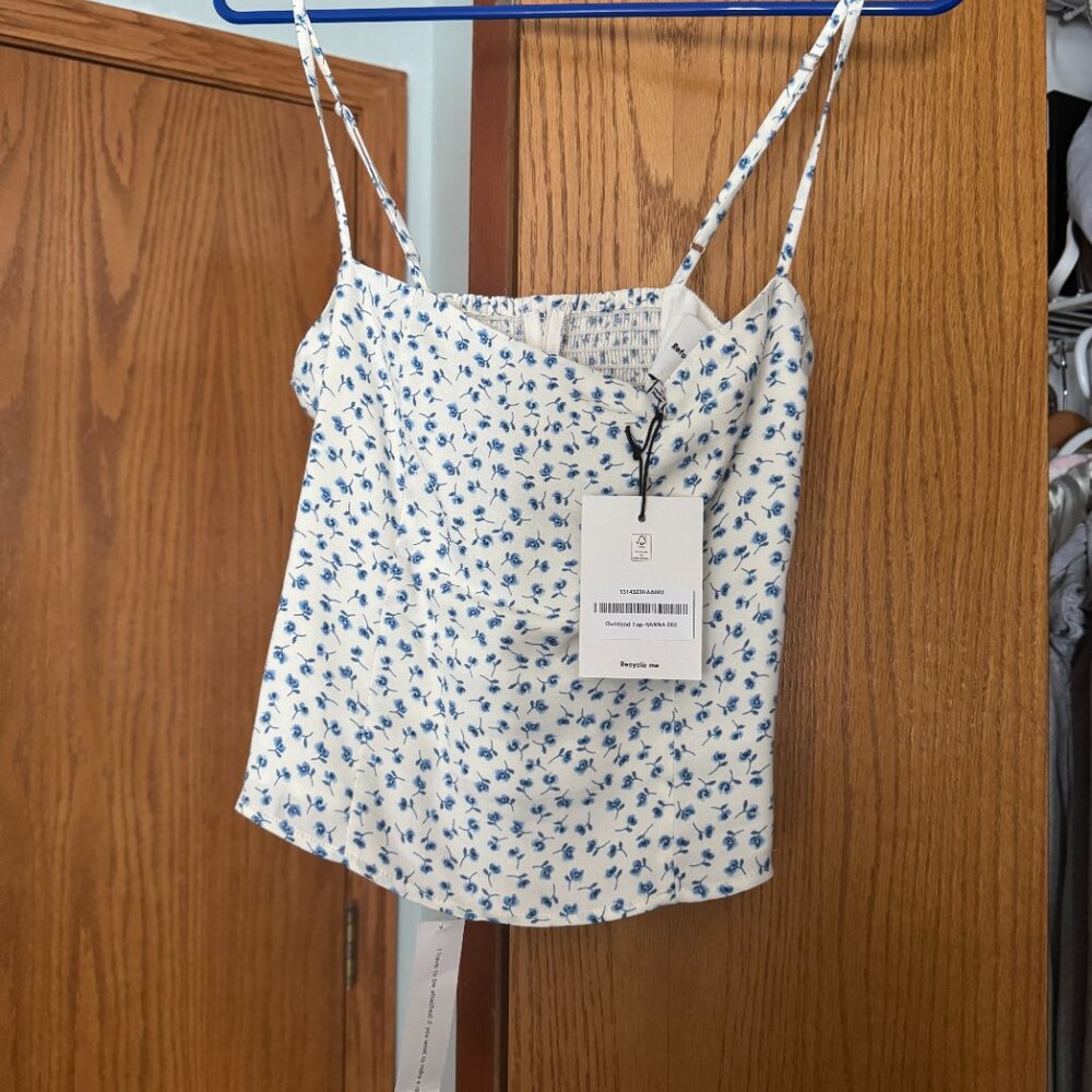 Reformation White Floral Square-Neck Cami Top with Blue Print - Picture 2 of 4